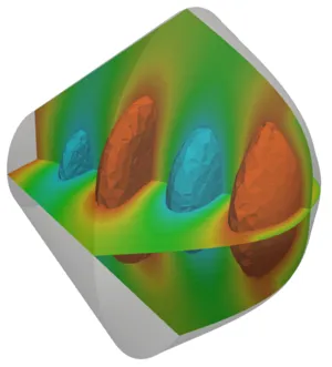 Wave propagation in 3D transducer domain, timestep 1