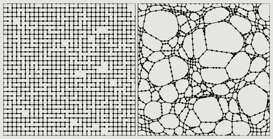 Ein Teil eines unendlichen Perkolations-Clusters, rechts in harmonischen Koordinaten.