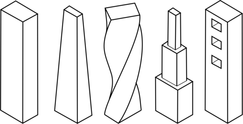 different skyscraper shapes:straight, conicle, twisted, pyramide, with holes