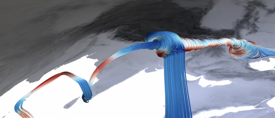 Illustration of velocity streamlines below the Indian plate obtained by a temperature dependent viscosity and an asthenosphere with diameter 410 km.  Plate data obtained by: Amante, C. and B.W. Eakins, 2009. ETOPO1 1 Arc-Minute Global Relief Model: Procedures, Data Sources and Analysis. NOAA Technical Memorandum NESDIS NGDC-24. National Geophysical Data Center, NOAA. doi:10.7289/V5C8276M