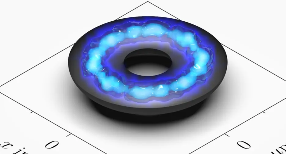 Quantum Science: This figure illustrates the loading of a torus-shaped trap with an electron. The black surface visualizes the external trapping potential. The atomic density is shown in blue.